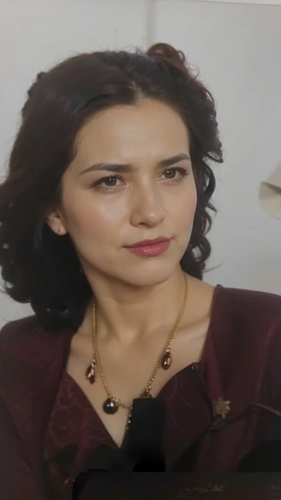 A realistis spanish woman face age 25 years wear a maroon suit,ultra hd 8k