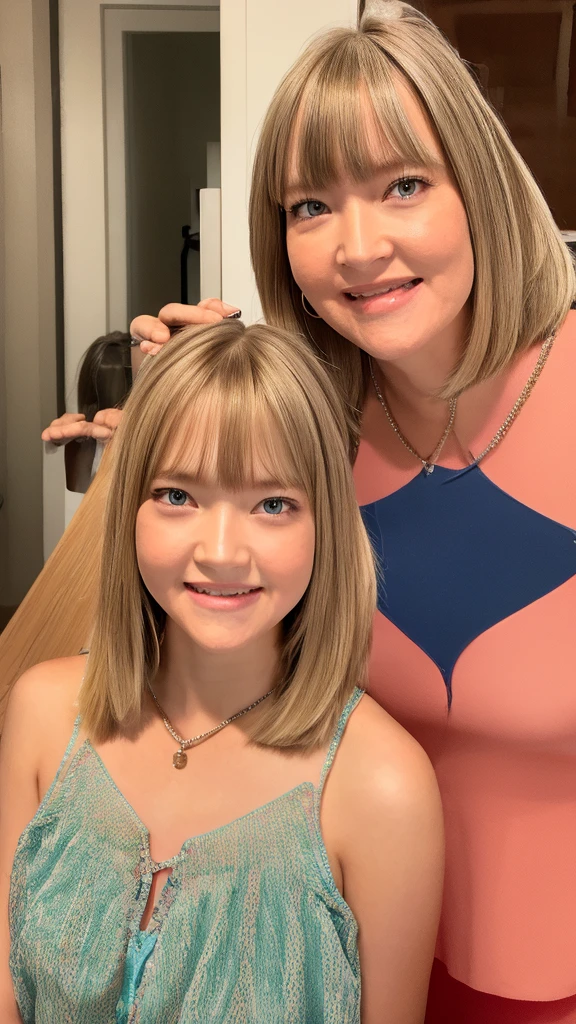 Fully realistic image of a blonde girl with bangs, approximately 5 , next to Lalisa Manoban from the group BLACKPINK. 