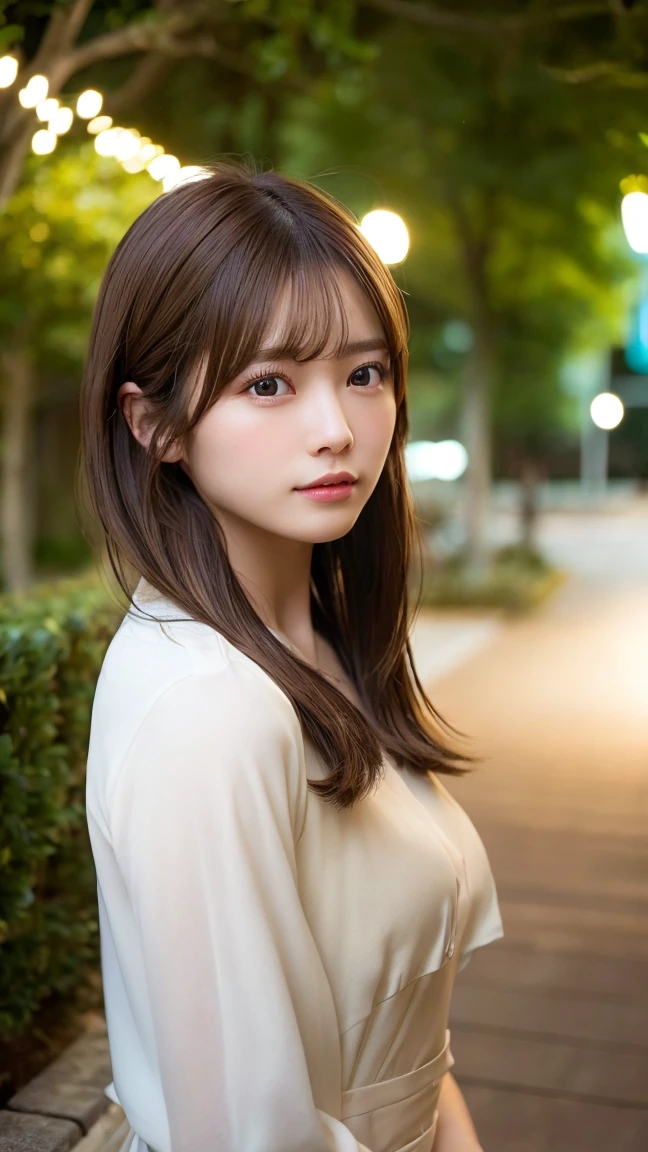(highest quality,masterpiece:1.3,A high resolution,),(Very detailed,Caustics),(Photorealistic:1.4,RAW shooting,)Ultra-Realistic Capture,Very detailed,High resolution 16K suitable for human skin、 Natural skin texture、、Skin tone is even and healthy looking、 Use natural light and color,One Woman,Japanese,,cute,brown hair,Middle Hair,(Written boundary depth、chromatic aberration、、Wide range of lighting、Natural Shading、)、(outdoor lights at night:1.4)、(Hair swaying in the wind:1)、short hair、Outward flicked edge