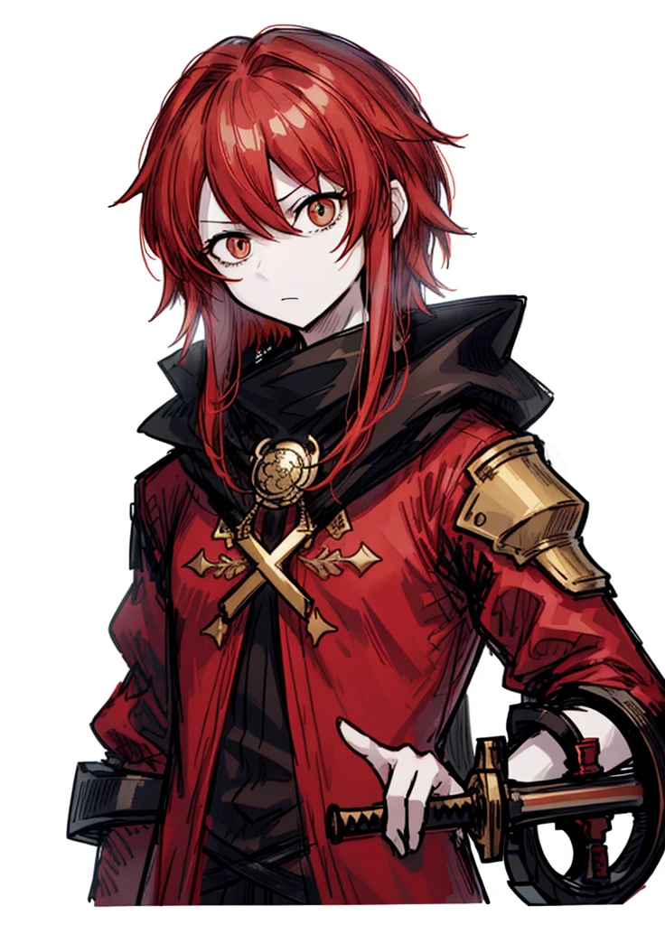 1boy, pale skin, brown eyes,red hair, swordsman, nice clothes, (high resolution, high detail, best quality), 
black background, serious, sword