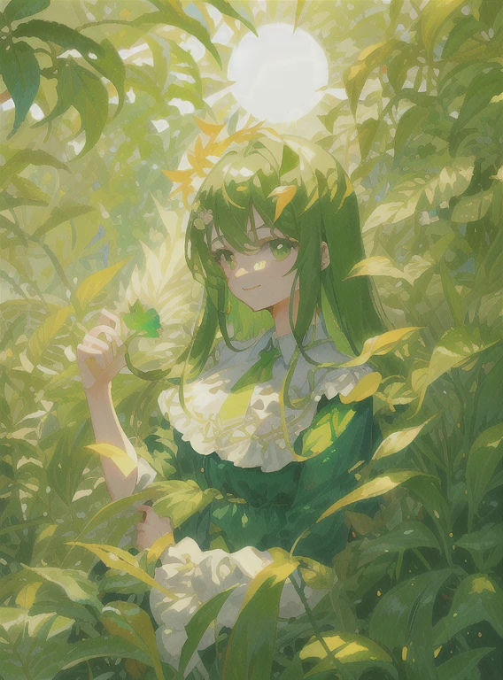 Illustration of sunny day, green nature and relaxing plants 1 Youthful and angelic look of girl ) long hair ((Focus on the face)) Between giant leaves in the shade that protect from the strong sun, smiling plants with bright colors and high-quality shades of green are carried ((Light focus)) (Eye details) (8 kilos) (Intense focus)