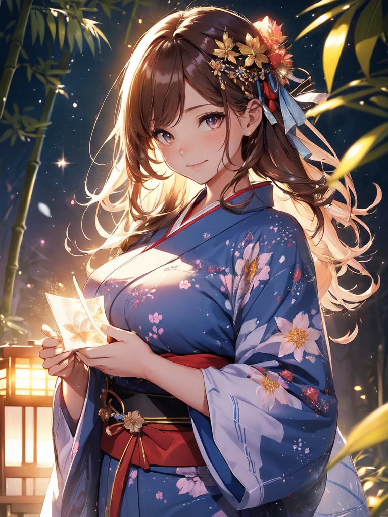 最high quality、最high quality、1 woman beautifuhime、altair、(( cowboy shot ))((Summer yukata))'((Japanese_yukata))、Beautiful eyes、tears、、Beautiful decoration、Hairpin、Bamboo、Bamboo leaves、、Star World、Summer Nights in Japan、Milky Way Galaxy、最high quality , fractal beautiful、　((Laugh beautifully、))((Glowing ice　))、Beautiful face、Tanabata of Japan、、 Beautiful shine,High-definition depiction, Realistic, 8K, Unity, beautiful、iridescent、、 light smile, Beautifully and vividly drawn, , beautiful beautiful透き通る肌、輝くBeautiful decorationの魔法、、、Beautiful Tanzaku、🎋, beautiful、 Romanticism,, Bamboo leaves、bamboo, ,Magical gentle light,smile,,image quality、masterpiece、Beautiful face、Super beautiful woman((Big breasted 22 year old office lady、Bust 120,Beautiful long ironed hair、Brown Hair、height: 165cm。、Esbian、、high quality、、Visual Arts、最high quality、1 woman ,　、light、Beautiful radiance,High-definition depiction, Realistic, 8K, Unity, , light smile, Beautifully and vividly drawn, , Beautiful, beautiful, clear , Romanticism,Cowboy Shot: 最high quality　　