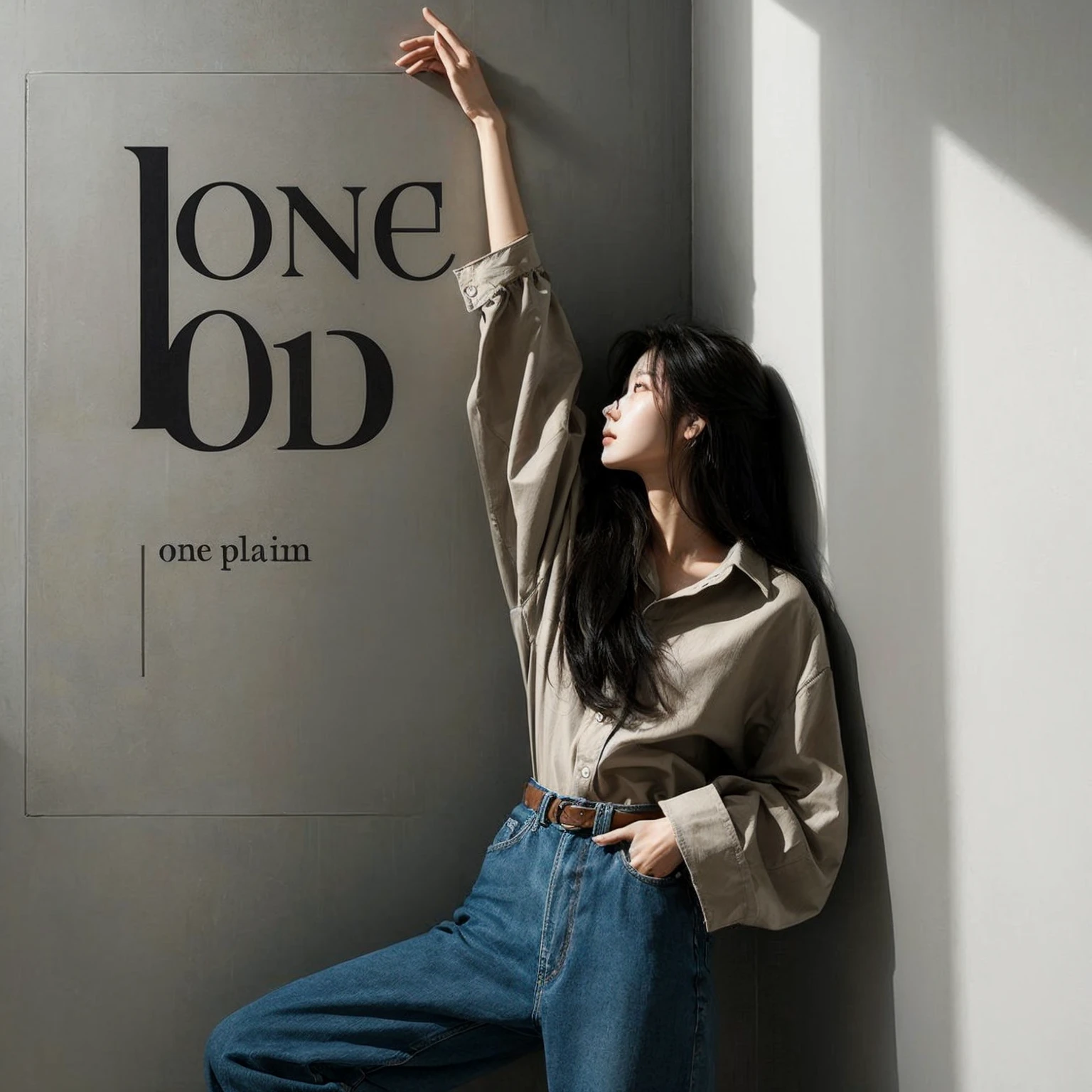 A corner of a room with a bold plain gray color concept. In the corner, a young Korean woman leans against the wall, looking upward, with her right hand raised as if reaching for something. She wears a long shirt and denim pants. The photo is taken from the side, realistic style.