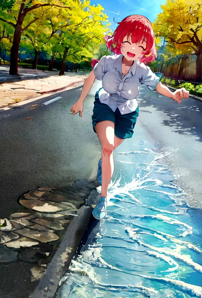 running in the park, big breasts, little clothes, colorful image, happy face, very sunny day, running over a puddle of water