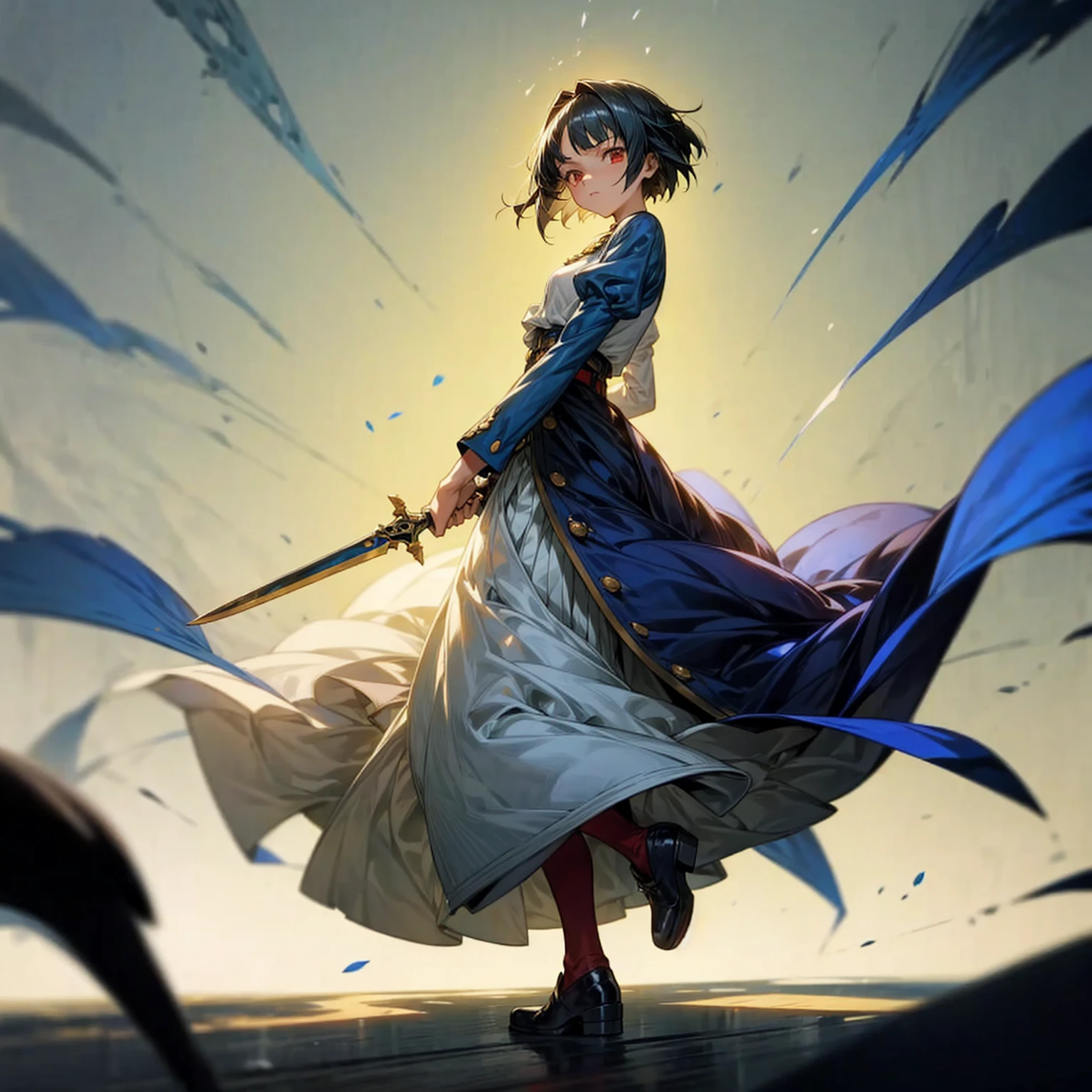 1girl, Full body version, 1character, light red eyes color, white skin, short hairstyle, dark blue colour hair, saber style clothing, Long skirt, long socks, long boots, dagger knife in hand, full background, Grassroots background in village, motion blur, shadow, battle gesture, (one piece style art)