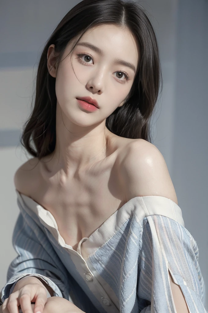(((best quality))), (((ultra detailed))), (((masterpiece))), illustration,((a fragile and beautiful young girl,solo)),((slim,thin)),((shoulder off,bare back,towering hips,butt crack)),((sitting on a hospital bed)),(vertical striped blue and white collared pajama shirt:1.3), ethereal appearance,(shoulder length straight bob hair:1.2),((close eyes,open mouth,female orgasmic,blush,ahegao)),delicate features, expressive eyes, porcelain skin, worried expression, vertical stripes on the gown, loose fit, slender fingers, polished nail polish, clinical examination room, faded walls, doctors' cart, stainless steel, hospital backdrop, stark contrasts, cold environment, warmth and vulnerability, poignant moment, moving image,((from back,upper body)),