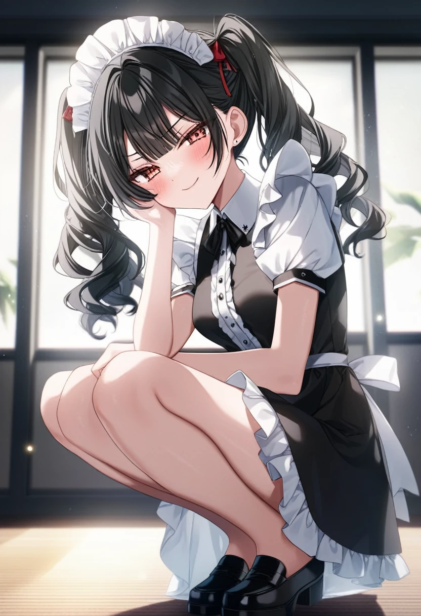 Prompt: 1girl, ciloranko:1.1, taya oco, oekakizuki, smooth lighting, semi-realistic, unreal engine lighting, anime screencap, official art, absurdres, best quality, perfect anatomy, newest, new, blue archive, kazusa \(bluearchive\), black hair, blush, breasts, thighs, parted to one side, blunt bangs, glossy hair, moist skin, glossy skin, delicate details, smooth, 18 years old, adult woman, hair behind ear, medium breasts, from side, full body, squatting, looking at viewer, own hand on face resting on her cheek, twintails, wavy hair, black hair, medium length, maid, white head dress, black loafers, smug smile, closed mouth, brown eyes, content expression, half-lidded eyes, mature_female, lustful body, half-closed eyes, adoring gaze, indoors, solo, light particles, solar flare, depth perception, alternate costume, white apron, frilled apron, puffy short sleeves, short sleeves, black dress, maid outfit, one hand resting at her side, from below
