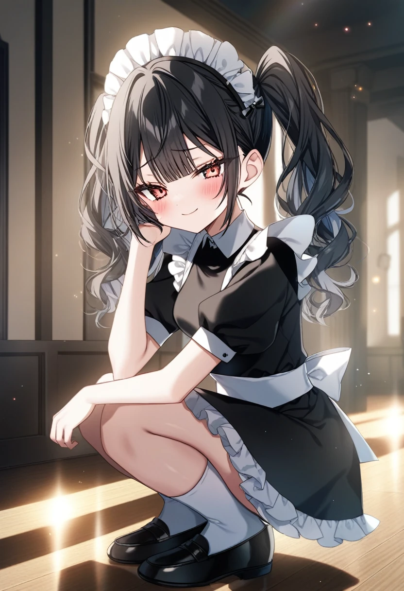 Prompt: 1girl, ciloranko:1.1, taya oco, oekakizuki, smooth lighting, semi-realistic, unreal engine lighting, anime screencap, official art, absurdres, best quality, perfect anatomy, newest, new, blue archive, kazusa \(bluearchive\), black hair, blush, breasts, thighs, parted to one side, blunt bangs, glossy hair, moist skin, glossy skin, delicate details, smooth, 18 years old, adult woman, hair behind ear, medium breasts, from side, full body, squatting, looking at viewer, own hand on face resting on her cheek, twintails, wavy hair, black hair, medium length, maid, white head dress, black loafers, smug smile, closed mouth, brown eyes, content expression, half-lidded eyes, mature_female, lustful body, half-closed eyes, adoring gaze, indoors, solo, light particles, solar flare, depth perception, alternate costume, white apron, frilled apron, puffy short sleeves, short sleeves, black dress, maid outfit, one hand resting at her side, from below