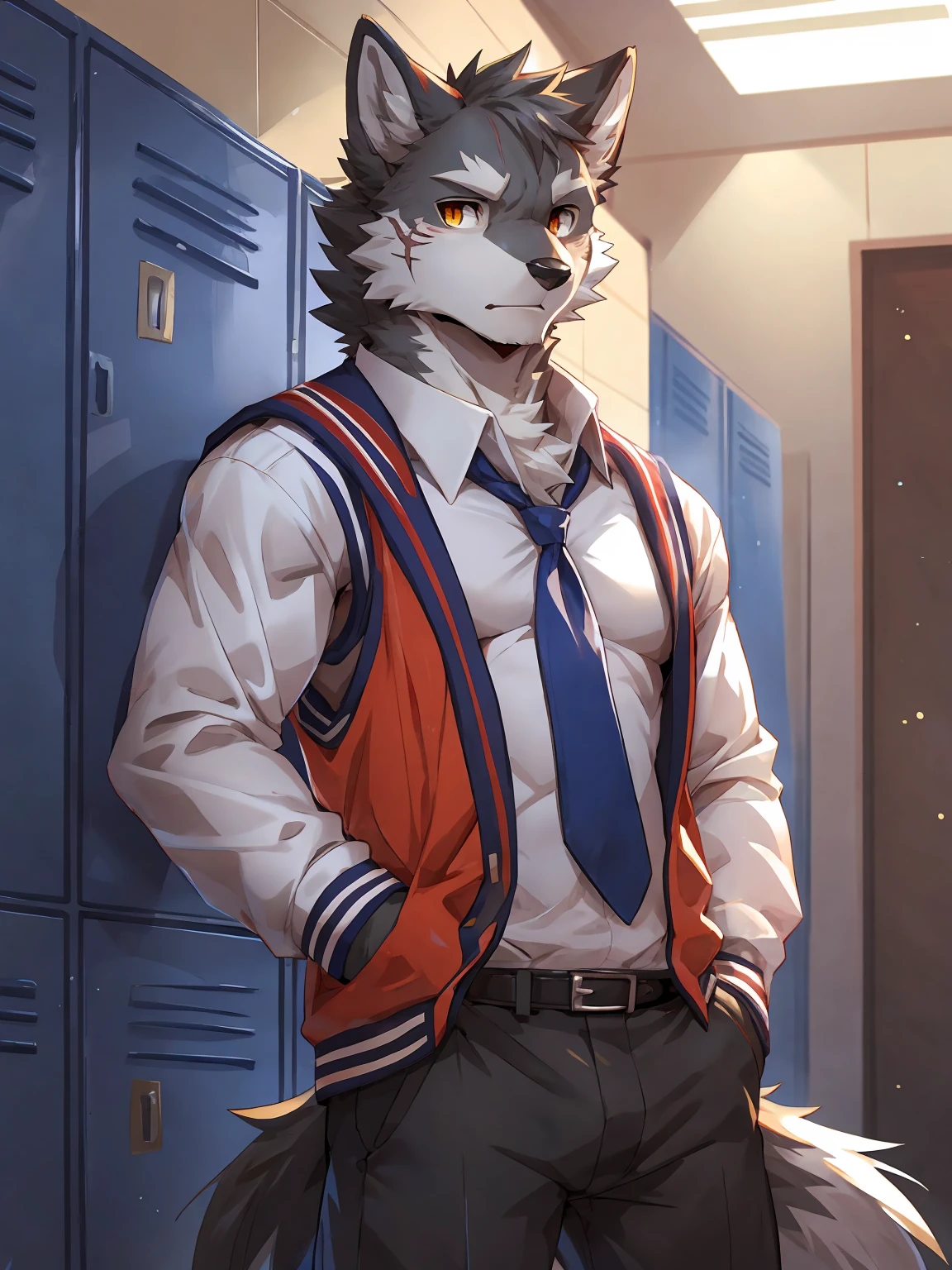 embedding:Gray wolf,Golden Eyes,Single Person,a scar on the face.Gray fur,High school students,Japanese school uniform,Scratch head,Standing by the school locker,Nervous,With his school uniform jacket in his hand,Male.Handsome,Smart,Best quality hands, best quality eye,detailed fur,Delicate eyes.Extreme picture quality,by sollyz,by zixiong,by null_ghost