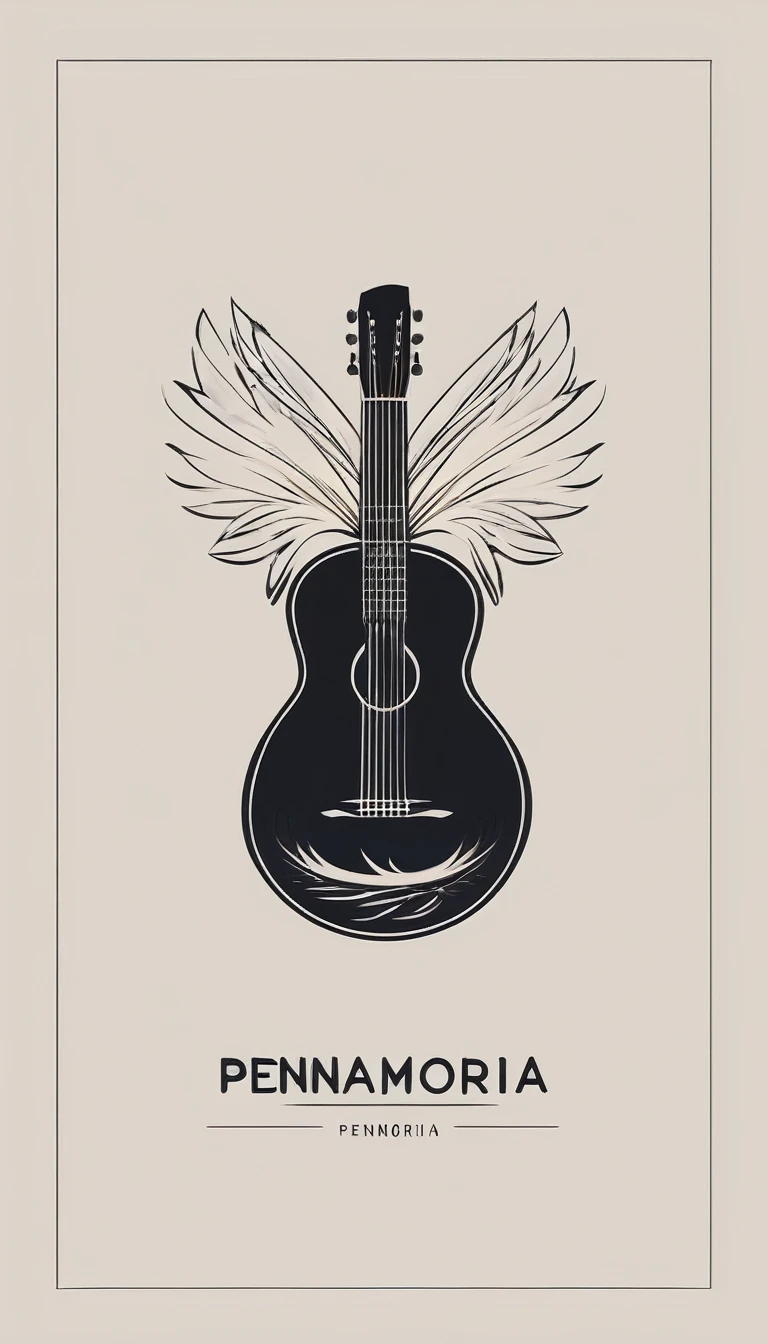 A minimal, modern, simple, cinematic logotype for the brand “Penamemoria". The logotype must be a simple, magical feather and a boy playing acoustic guitar. The logo must convey a sense of music, stories and dreams. Logo design impressed on a book cover. Minimalistic logo