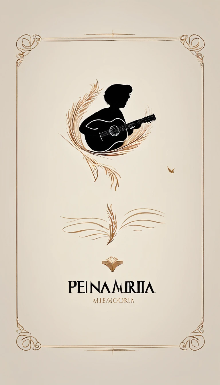 A minimal, modern, simple, cinematic logotype for the brand “Penamemoria". The logotype must be a simple, magical feather and a boy playing acoustic guitar. The logo must convey a sense of music, stories and dreams. Logo design impressed on a book cover. Minimalistic logo