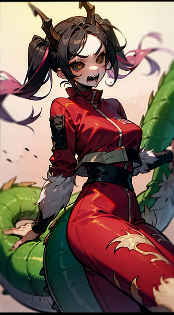 half dragon female with grey skin, with black hair pigtails style, with pink streaks, sharp teeth, biker outfit, dragon tail and dragon horns