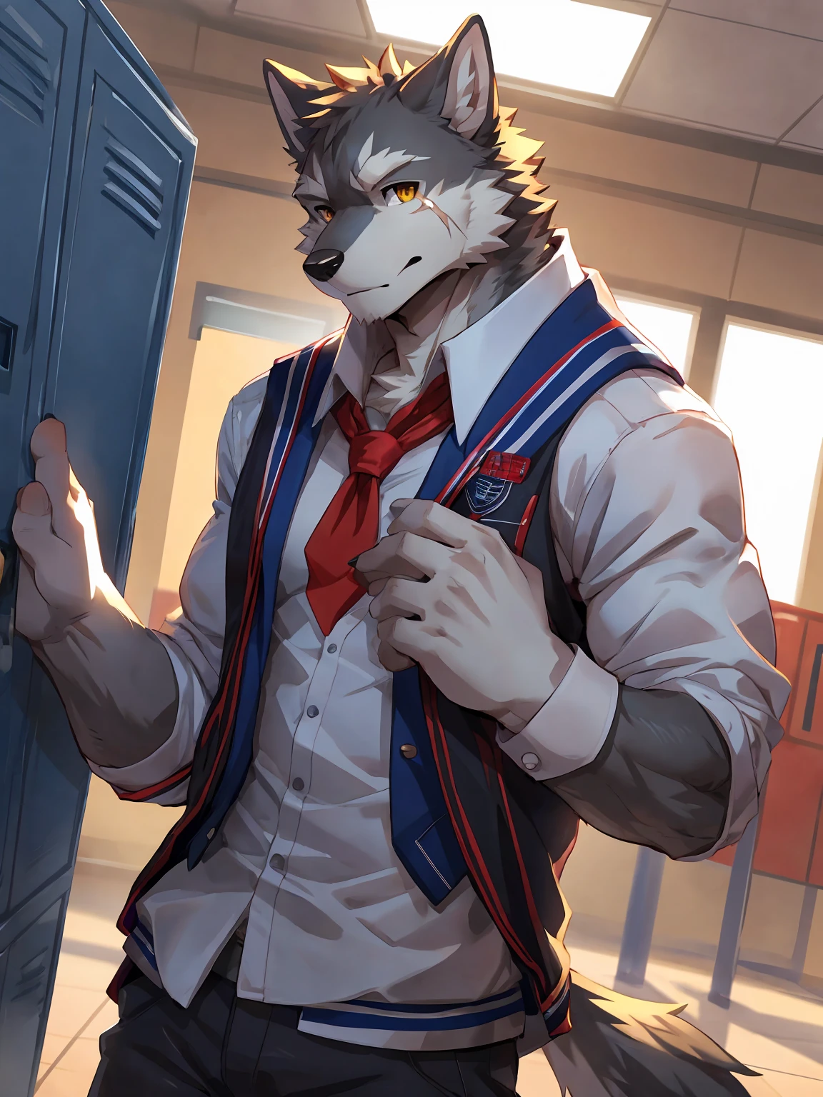 embedding:Gray wolf,Golden Eyes,Single Person,a scar on the face.Gray fur,High school students,Japanese school uniform,Scratch head,Standing by the school locker,Nervous,With his school uniform jacket in his hand,Male.Handsome,Smart,Best quality hands, best quality eye,detailed fur,Delicate eyes.Extreme picture quality,by sollyz,by zixiong,by null_ghost