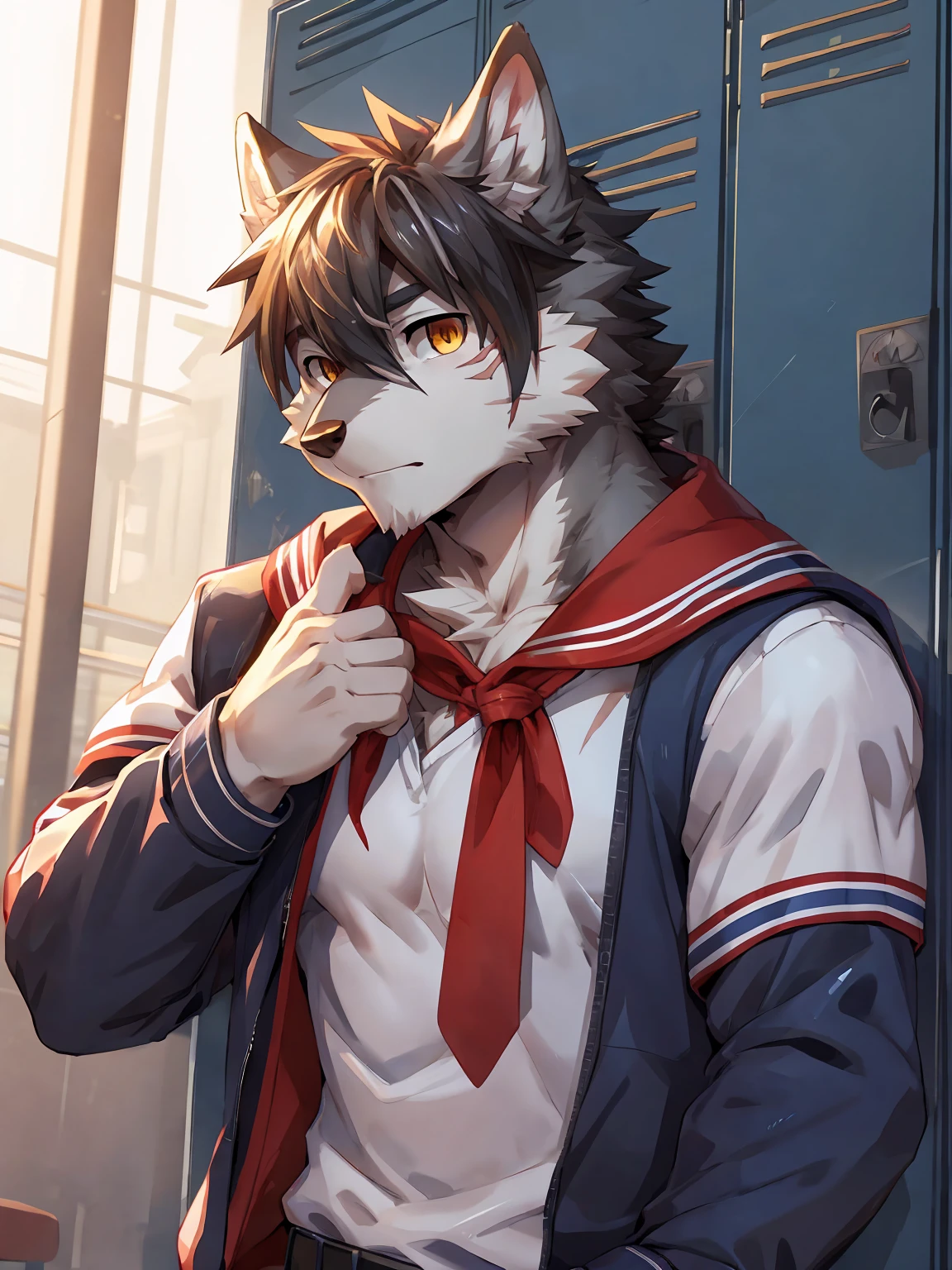 embedding:Gray wolf,Golden Eyes,Single Person,a scar on the face.Gray fur,High school students,Japanese school uniform,Scratch head,Standing by the school locker,Nervous,With his school uniform jacket in his hand,Male.Handsome,Smart,Best quality hands, best quality eye,detailed fur,Delicate eyes.Extreme picture quality,by sollyz,by zixiong,by null_ghost