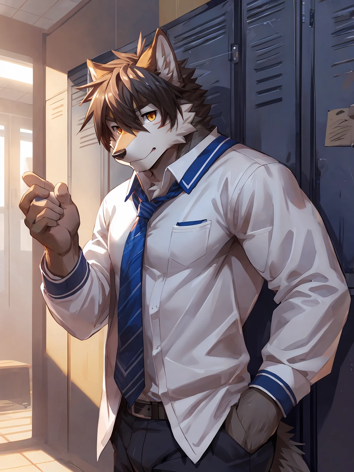 embedding:Gray wolf,Golden Eyes,Single Person,a scar on the face.Gray fur,High school students,Japanese school uniform,Scratch head,Standing by the school locker,Nervous,With his school uniform jacket in his hand,Male.Handsome,Smart,Best quality hands, best quality eye,detailed fur,Delicate eyes.Extreme picture quality,by sollyz,by zixiong,by null_ghost