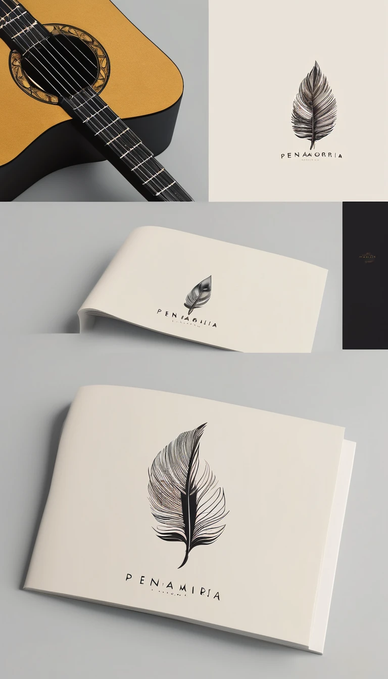 A minimal, modern, simple, cinematic logotype for the brand “Penamemoria". The logotype must be a simple, magical feather and a boy playing acoustic guitar. The logo must convey a sense of music, stories and dreams. Logo design impressed on a book cover. Minimalistic logo