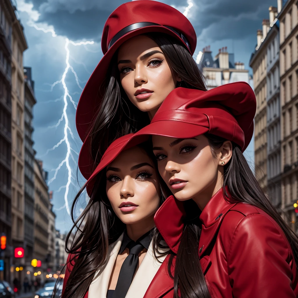 (realistic:0.2), anime illustration, 1girl,, red coat, big red hat, in paris france, sfw, black pants, black office shirt,, carmen sandiego,, blue sky,, long hair,, dramatic lightning, lights, epic lights, light on face, backlit, face light, lit face, fill lamp, fill light, ((masterpiece)),   (carmen_sandiego_v1-1_shurik-2000:0.6)