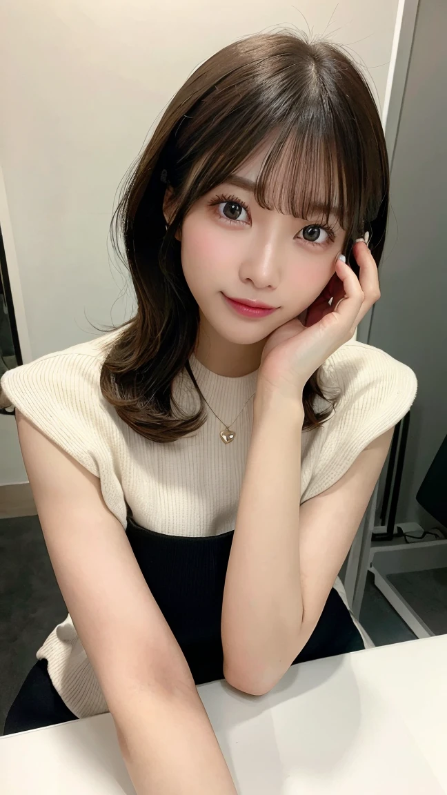 (table top,highest quality)), (photo-realistic:1.4),(((table top,8k)),white wall,(white room),((full body photo))),Photographed in natural light,Highly detailed face and skin texture,highly detailed lips,correct state of the human body,ultra high resolution,(Photoreal:1.4),highest quality, 1 beautiful woman, 38 years old, s, 60mm lens, light beige knit,(medium hair),japanese woman,(black hair),Various poses,looking at camera,natural lip color, necklace