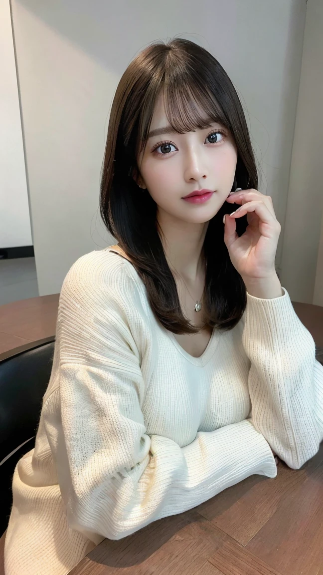 (table top,highest quality)), (photo-realistic:1.4),(((table top,8k)),white wall,(white room),((full body photo))),Photographed in natural light,Highly detailed face and skin texture,highly detailed lips,correct state of the human body,ultra high resolution,(Photoreal:1.4),highest quality, 1 beautiful woman, 38 years old, s, 60mm lens, light beige knit,(medium hair),japanese woman,(black hair),Various poses,looking at camera,natural lip color, necklace