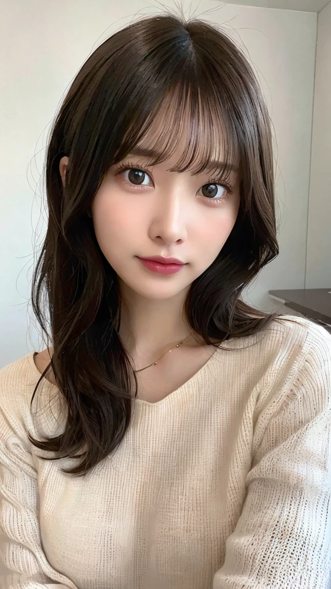 (table top,highest quality)), (photo-realistic:1.4),(((table top,8k)),white wall,(white room),((full body photo))),Photographed in natural light,Highly detailed face and skin texture,highly detailed lips,correct state of the human body,ultra high resolution,(Photoreal:1.4),highest quality, 1 beautiful woman, 38 years old, s, 60mm lens, light beige knit,(medium hair),japanese woman,(black hair),Various poses,looking at camera,natural lip color, necklace