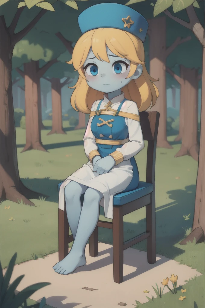 ((masterpiece, best quality)),(complex light), solo,sit tied on a chair, barefoot,1girl,full body , blonde hair, Smurfette, colored skin, blue skin,hat, white dress, sitting, on chair, forest