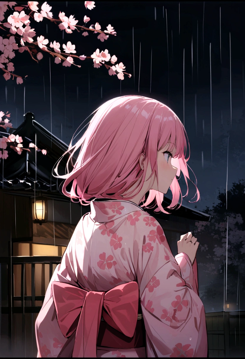 Pink Haired Girl. wear Kimono. At the cherry tree. At night. While it&#39;s raining