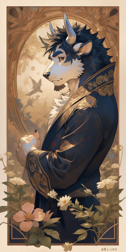 top quality, best quality, logo mark, stamp, Geometric pattern, vector-art, High-quality illustrations by Alfons Mucha, masterpiece(kemono, furry anthro, bulls)flower,