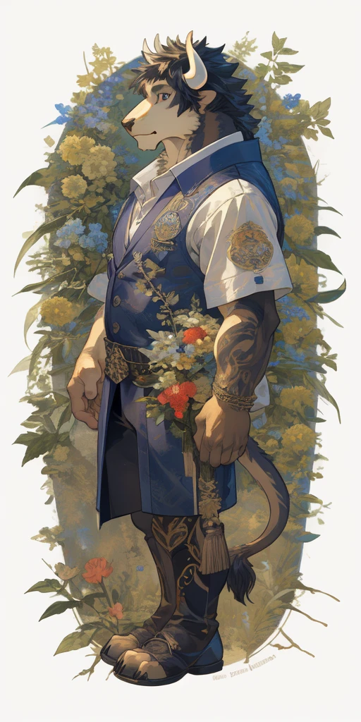 top quality, best quality, logo mark, stamp, Geometric pattern, vector-art, High-quality illustrations by Alfons Mucha, masterpiece(kemono, furry anthro, bulls)flower,