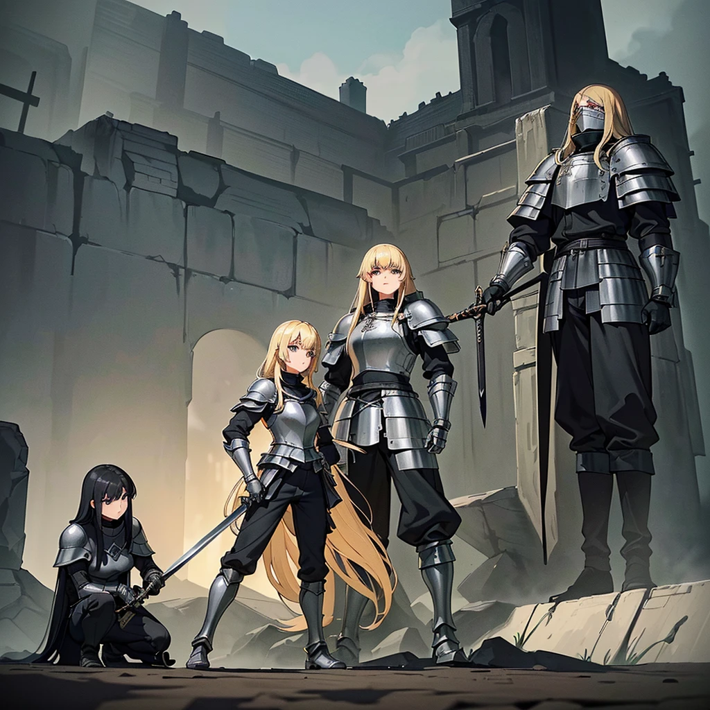 Best illustrations、Best Quality、(Full body character concept、detailed)、(((Simple grey armor、Black trousers、Black gloves、woman、18-year-old、Blonde、Long Hair)))、(((Grab the sword、Get Ready)))、(20 medieval knights)、(From below)、(Swamp、赤いSwamp)