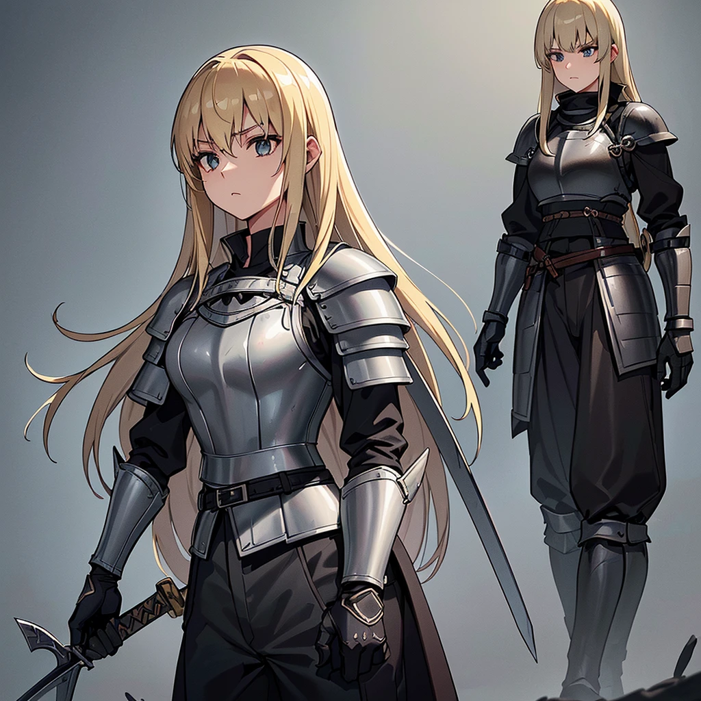 Best illustrations、Best Quality、(Full body character concept、detailed)、(((Simple grey armor、Black trousers、Black gloves、woman、18-year-old、Blonde、Long Hair)))、(((Grab the sword、Get Ready)))、(20 medieval knights)、(From below)、(Swamp、赤いSwamp)
