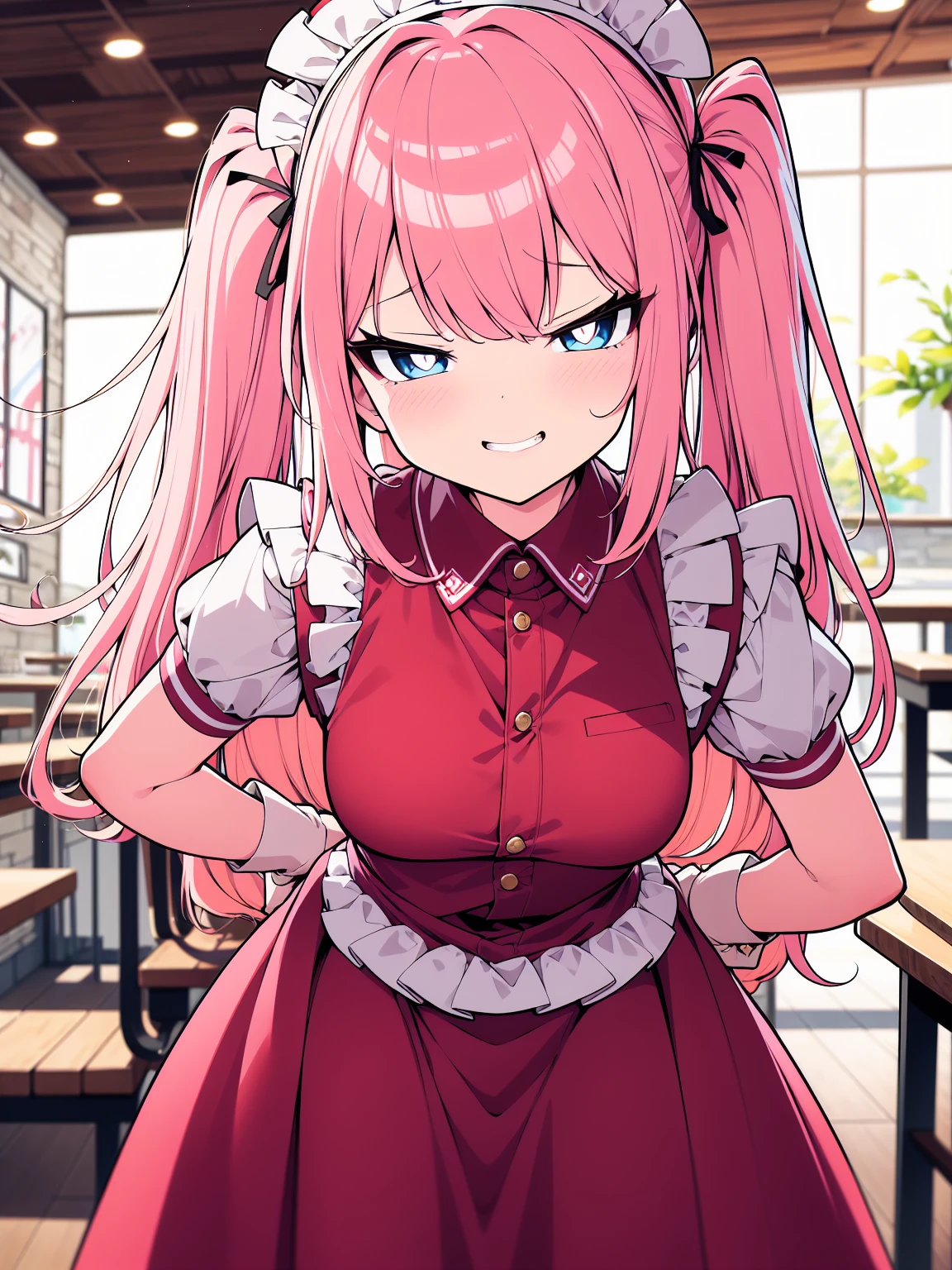 (Cowboy shot), colorful, (best quality, ultra-high resolution, depth of field:1.2), beautiful face, 1woman, (pink hair), twin-tails (blue eyes), bright pupils, (medium breasts), light red maid uniform, (wearing a light red maid uniform:1.3), frills, maid headdress, maid apron, (cafe scenery), squinting, (grinning), seductive smile, (((slightly bending forwards))), tilting head