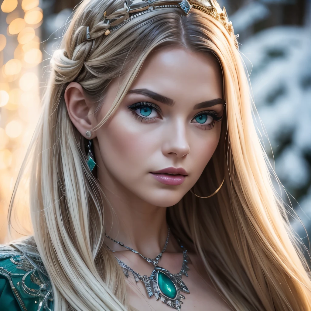 vintage style fantasy, masterpiece, magnificent art, best quality, 1girl, close-up girl nordic princess, Scandinavian mountains, winter weather, symmetrical and hyper detailed face, silky skin like peach silk, vibrant and aggressive green eyes, white and messy hair up to the waist, sculptural body, (sparks: 0.7), Adobe Illustration, Trand on Artstation, 8K, hd, UHD, cold and soft lighting, --q 500 --s 100, -