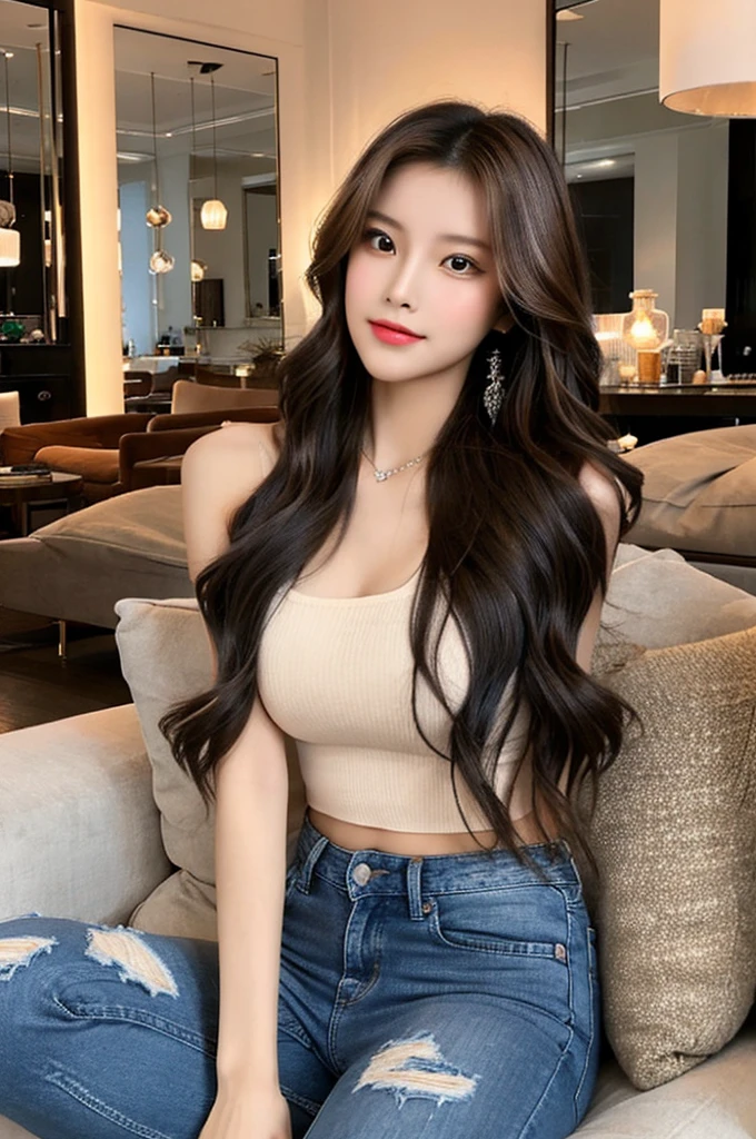 Generate an image of a stunning 20-year-old Asian woman with beauty akin to a goddess of the fire element. She has big brown eyes, dark brown hair, glowing skin, and an attractive appearance. She is wearing a beautiful top paired with blue skinny jeans. The woman is sitting sweetly on a living room sofa, her posture relaxed and inviting, surrounded by cozy and elegant decor.