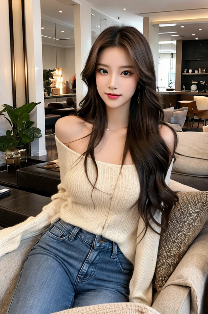 Generate an image of a stunning 20-year-old Asian woman with beauty akin to a goddess of the fire element. She has big brown eyes, dark brown hair, glowing skin, and an attractive appearance. She is wearing a beautiful top paired with blue skinny jeans. The woman is sitting sweetly on a living room sofa, her posture relaxed and inviting, surrounded by cozy and elegant decor.