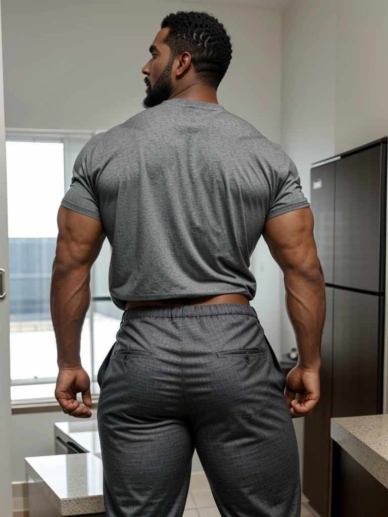A Hispanic black man with a face that looks like Henry Cavill. black man, His body is muscular and he has a toothed beard.. Big Booty, in a moment of reflection. full body. Fajada shirt, semi formal clothing, grey pants, backside.