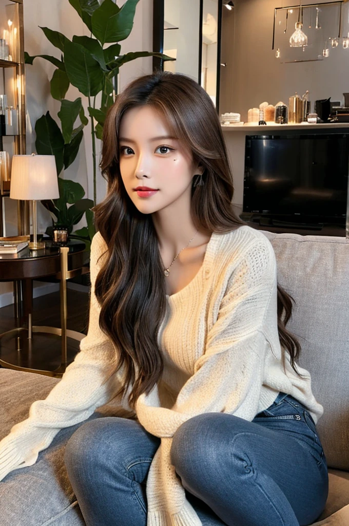 Generate an image of a stunning 20-year-old Asian woman with beauty akin to a goddess of the fire element. She has big brown eyes, dark brown hair, glowing skin, and an attractive appearance. She is wearing a beautiful top paired with blue skinny jeans. The woman is sitting sweetly on a living room sofa, her posture relaxed and inviting, surrounded by cozy and elegant decor.