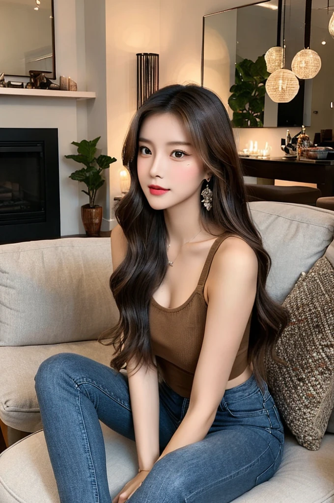 Generate an image of a stunning 20-year-old Asian woman with beauty akin to a goddess of the fire element. She has big brown eyes, dark brown hair, glowing skin, and an attractive appearance. She is wearing a beautiful top paired with blue skinny jeans. The woman is sitting sweetly on a living room sofa, her posture relaxed and inviting, surrounded by cozy and elegant decor.