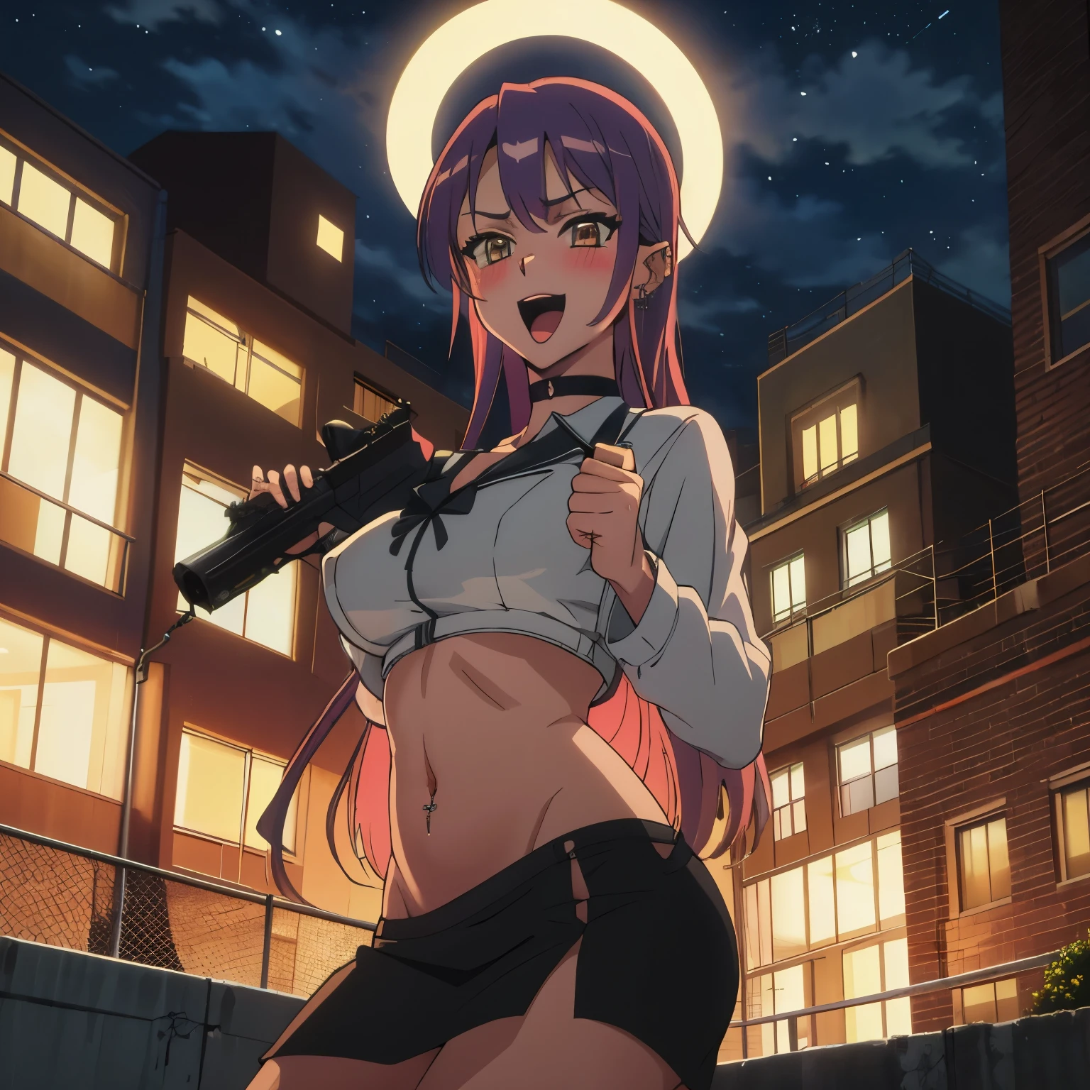 2girl, two girl, long hair, long hair, choker, ear piercing, navel piercing, large breast, blush, lipstick, outdoors, rooftop, cityscape, building, railing, night, night sky, scenery, , city lights, , masterpiece, best quality, highly detailed, a girls with a gun, open mouth, blazer, sexy gaze, (nsfw) not
safe for work, badass pose , evil smile, smile, black bra, anime girl with long hair, long haired girl,
navel, evil expression, exposed belly, exposed navel, exposed midriff, exposed lower belly, micro
miniskirt, micro pencil skirt, pencil skirt ,holding a gun, outdoor,street,road, navel piercing