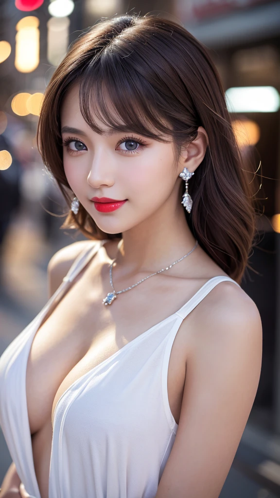 Urban beautiful girl college student, masterpiece, light makeup, Red lips, Silver Hair, Disheveled long hair, Street background, beautiful, elegant. Extremely fine detail, Master Works, Authentic texture, Realism in film lighting, Perfect job, 16K, High resolution, exquisite features,blue eyes、Japanese Idols、beautiful顔、Cute Smile、Brown Hair、beautiful hair、Stylish hairstyle,glamorous、 Big Breasts、Erect nipples、Greasy muscles、Shiny skin、Sunburned skin、Glowing dark skin、Bright big eyes, Smooth Skin, Earrings, necklace, リアルな顔つき、リアリティ