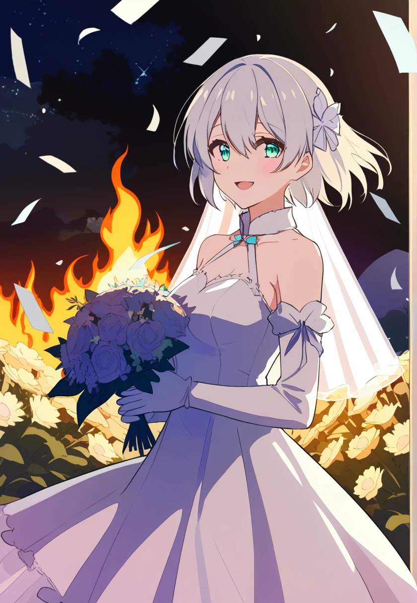 score_9, score_8_superior, score_7_superior, Wedding dress, White gloves, White Dress, garden, Are standing, Cowboy Shot, Holding a bouquet, smile, Open your mouth, Confetti, fire Fly \(Honkai: Star Rail\), hair ornaments,Black hair band, Larger breasts, Nice hands, Perfect hands,Short Hair,Short Hair、Silver Hair