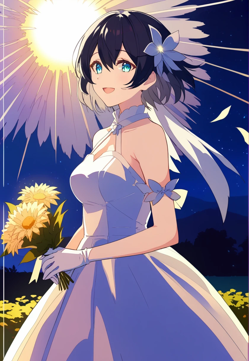 score_9, score_8_superior, score_7_superior, Wedding dress, White gloves, White Dress, garden, Are standing, Cowboy Shot, Holding a bouquet, smile, Open your mouth, Confetti, fire Fly \(Honkai: Star Rail\), hair ornaments,Black hair band, Larger breasts, Nice hands, Perfect hands,Short Hair,Short Hair、Silver Hair