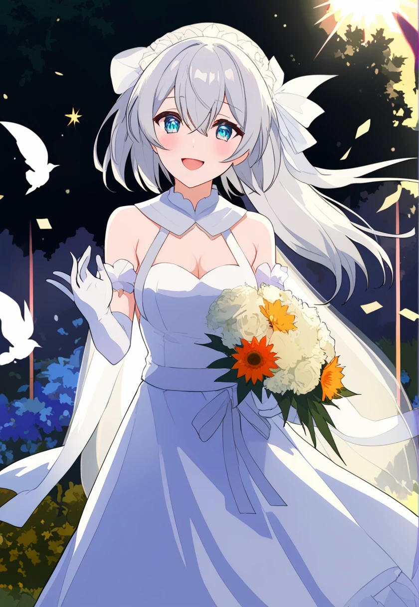 score_9, score_8_superior, score_7_superior, Wedding dress, White gloves, White Dress, garden, Are standing, Cowboy Shot, Holding a bouquet, smile, Open your mouth, Confetti, fire Fly \(Honkai: Star Rail\), hair ornaments,Black hair band, Larger breasts, Nice hands, Perfect hands,Short Hair,Short Hair、Silver Hair