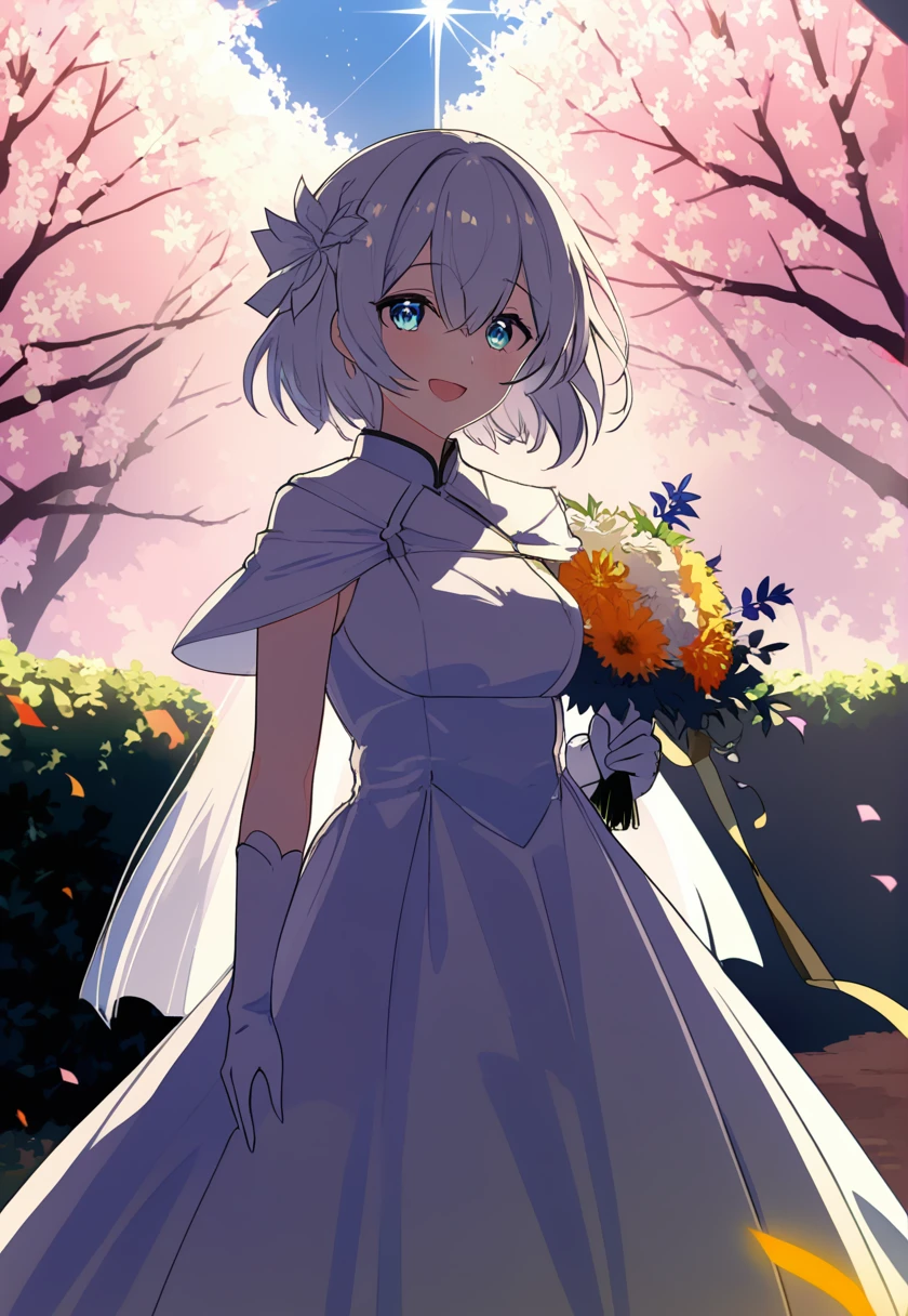 score_9, score_8_superior, score_7_superior, Wedding dress, White gloves, White Dress, garden, Are standing, Cowboy Shot, Holding a bouquet, smile, Open your mouth, Confetti, fire Fly \(Honkai: Star Rail\), hair ornaments,Black hair band, Larger breasts, Nice hands, Perfect hands,Short Hair,Short Hair、Silver Hair