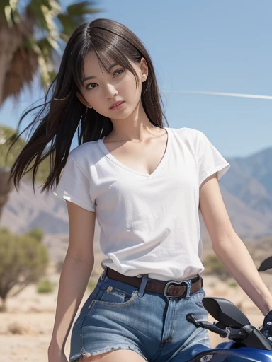 Japanese female, a lot of details, (underweight), 30 years old, detailed black hair, beautiful detailed hair, super fucking beautiful, delicate beautiful face, complex details beautiful and delicate eyes, perfect hands, (flat chest best quality:1.5), perfect and delicate limbs, detailed skin, best quality, ultra-detailed,desert, (riding motorcycle:1.2), (yamaha off road motorcycle),running at full speed, (white t-shirt), (denim shorts), in the desert, with a sun, long shot, dynamic angle, (motion blur:1.4)