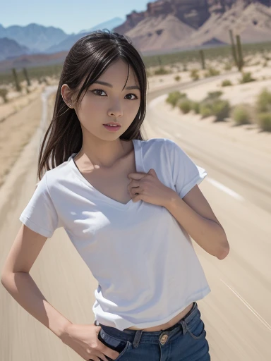 Japanese female, a lot of details, (underweight), 30 years old, detailed black hair, beautiful detailed hair, super fucking beautiful, delicate beautiful face, complex details beautiful and delicate eyes, perfect hands, (flat chest best quality:1.5), perfect and delicate limbs, detailed skin, best quality, ultra-detailed,desert, (riding motorcycle:1.2), (yamaha off road motorcycle),running at full speed, (white t-shirt), (denim shorts), in the desert, with a sun, long shot, dynamic angle, (motion blur:1.4)