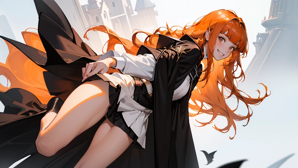 (girl), masterpiece, ultra detailed, 8K Portrait, Raw photo, woman's portrait photography, full body, Highly detailed face, mischievous childish smile, blush, ((Fantasy)), ((young)), 17 years old, 160cm, (((student))), ((tanned skin)), (((dark orange colored long straight hair))), (((blunt bangs))), hair ornament, (((black silk long cloak))) Fluttering in the wind, (high school dark white uniform:1.5), Plaid short skirt, Midday sun, Hyper realistic, Slender body, by the snowy castle, Ambient lighting, Shadow details, Camera focus on face, strong breeze, Light fog, from side,
