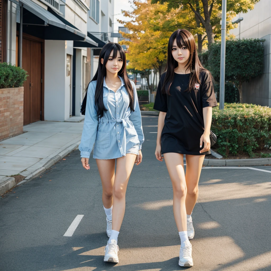 (Highest quality, masterpiece, Photo Real, Super detailed, Ultra-high resolution, born:1.3), (Two girls laughing at the camera), beautiful, Japanese, 20-year-old, (mini skirt), (Looking at the camera and laughing with his mouth wide open), high waist, office, (Long legs, High heels, whole body:1.2),(Low - Angle:1.2)