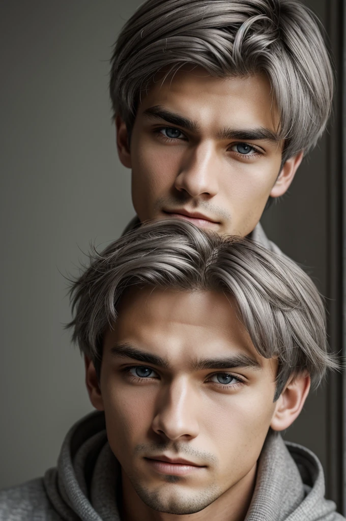 Young man with light gray eyes, short dull gray hair and word skin with indifferent expression 