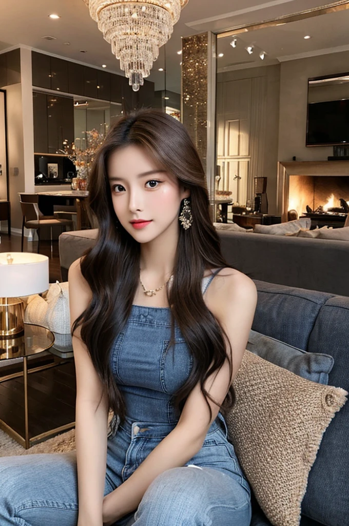 Generate an image of a stunning 20-year-old Asian woman with beauty akin to a goddess of the fire element. She has big brown eyes, dark brown hair, glowing skin, and an attractive appearance. She is wearing a beautiful top paired with blue skinny jeans. The woman is sitting sweetly on a living room sofa, her posture relaxed and inviting, surrounded by cozy and elegant decor.