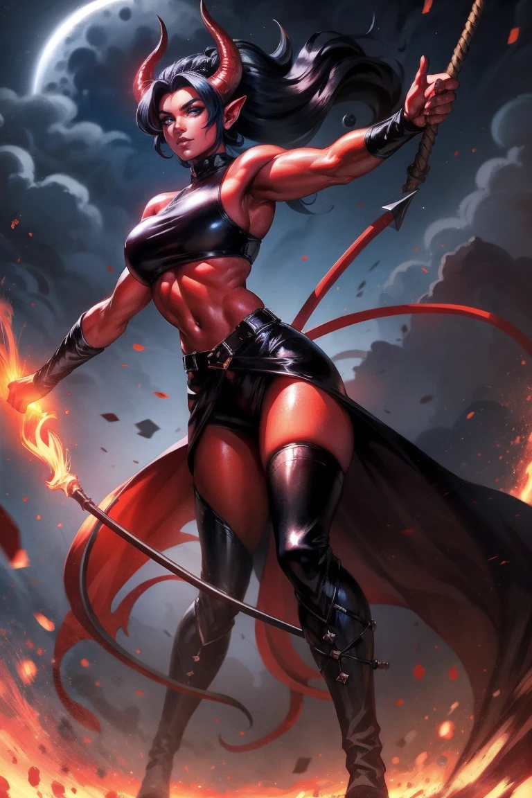 Red skin succubus tiefling, medium breasts, black horns, wings, huge tail, black leather, crop top, long flowing pelvic curtain, tall, toned, graceful, thin, long black ponytail. Action scene, whip. Dark scene, explosions, night sky.